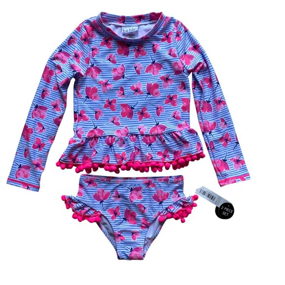 NWT Nicole Miller Rash Guard Swimsuit Set Stripes Floral Pom Poms Pool Beach-6 - Picture 13 of 13